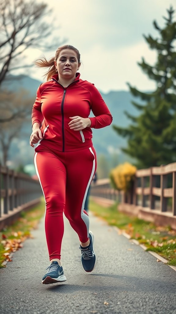 A woman jogging in a red tracksuit and sneakers on a path surrounded by trees.