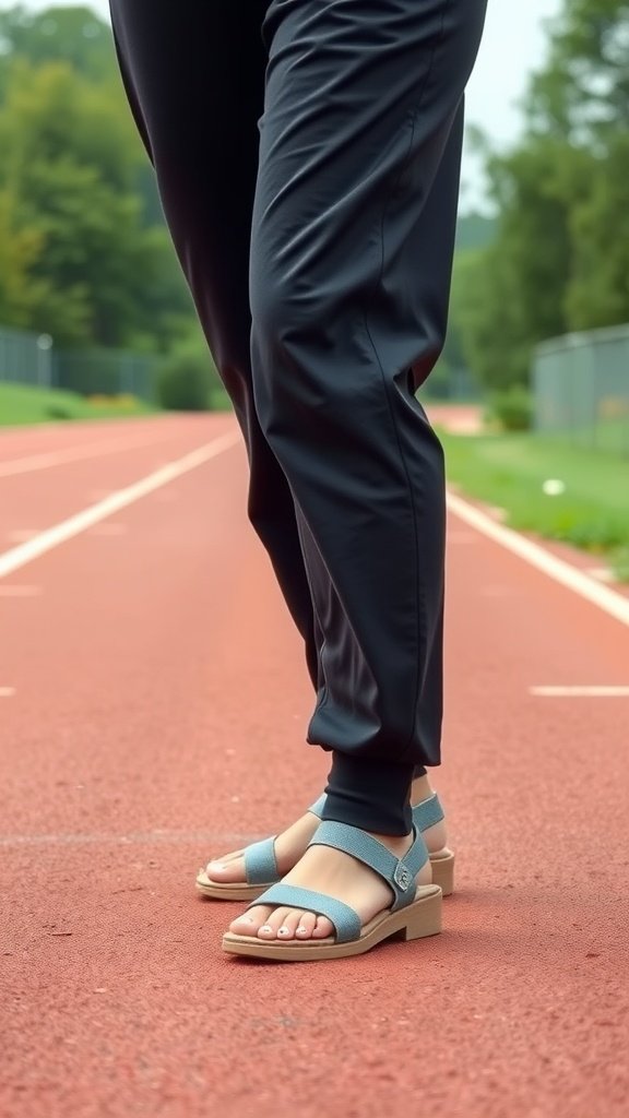 A close-up of sporty sandals worn with jogger pants on a track surface.