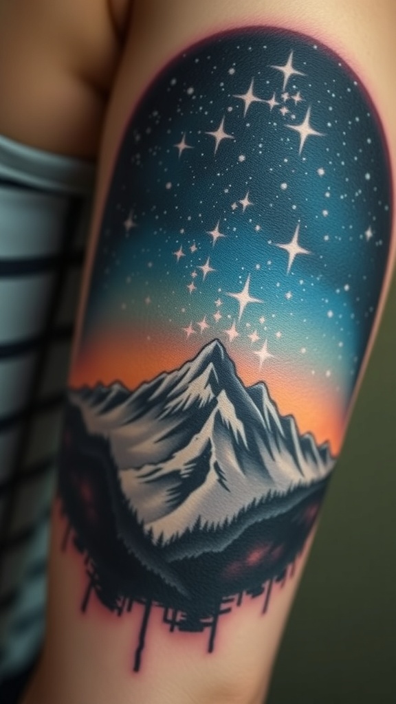 A tattoo of a starry night sky with mountains, showcasing vibrant colors and intricate details.