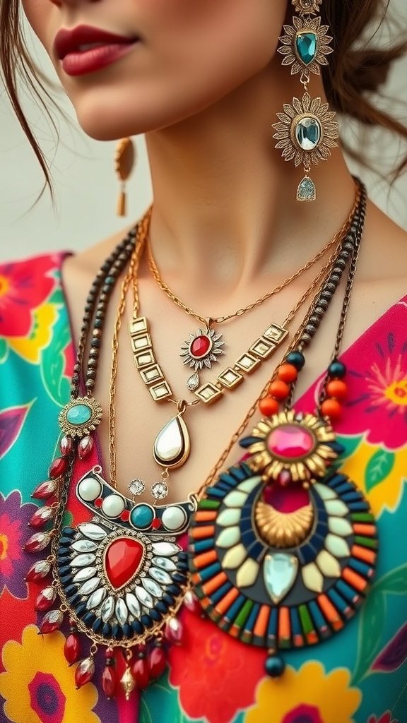 A collection of statement necklaces in vibrant colors and various styles.
