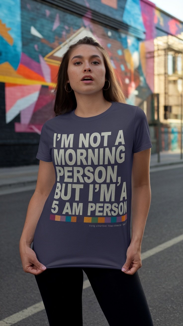 A model wearing a tee that says 'I'm not a morning person, but I'm a 5 AM person' against a vibrant mural.