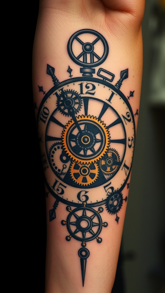 A detailed steampunk clock tattoo featuring gears and clock hands.