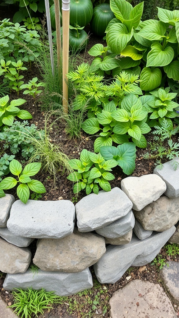 A close-up of a stone raised bed filled with various green plants.