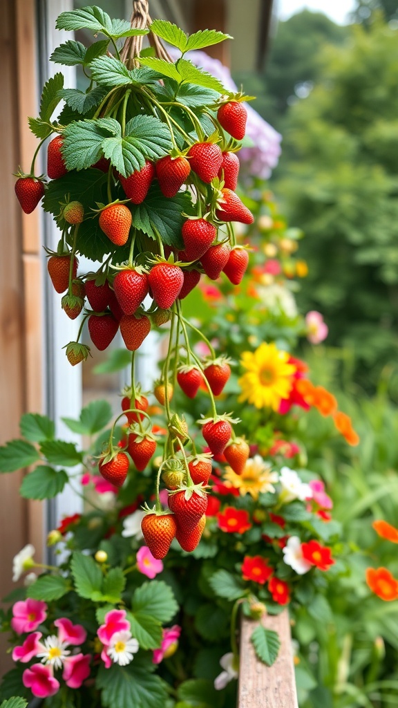 Hanging strawberries with vibrant flowers in the background
