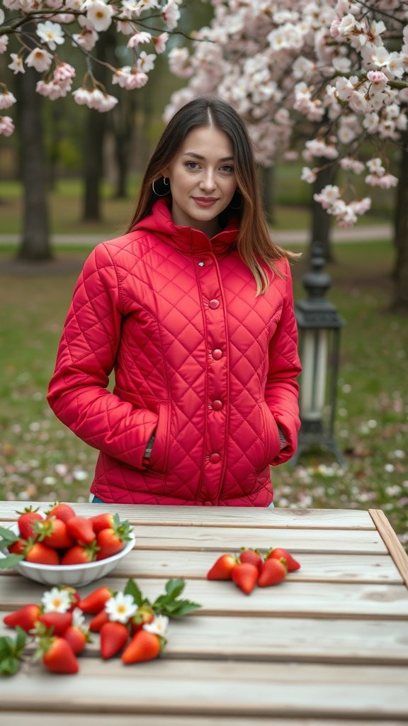 A woman wearing a strawberry red quilted jacket, standing outdoors with cherry blossom trees and a table of strawberries.