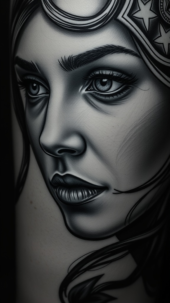 Black and grey portrait tattoo of a woman with detailed features and expressive eyes.