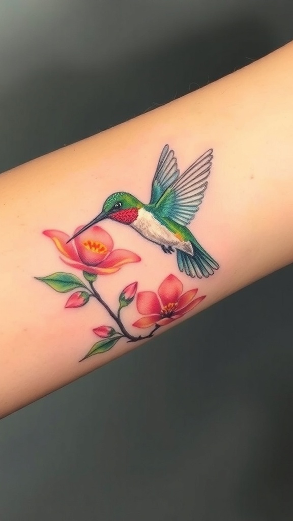 Watercolor tattoo of a hummingbird in flight with flowers