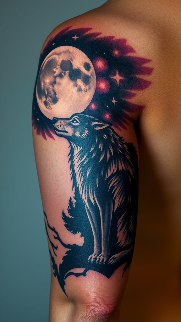 A tattoo of a wolf howling at the moon on a person's back.