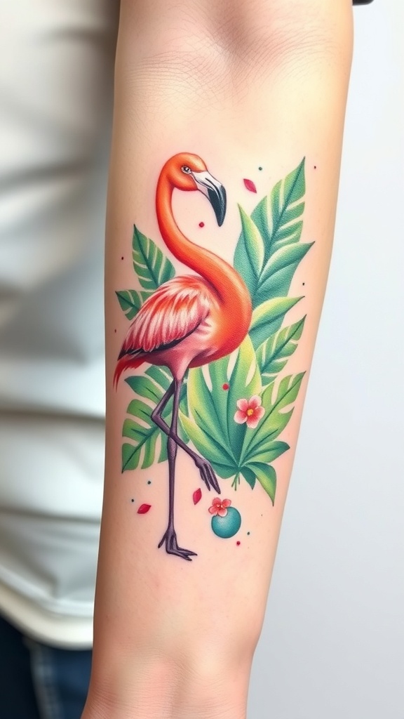 Colorful flamingo tattoo surrounded by tropical leaves and flowers.