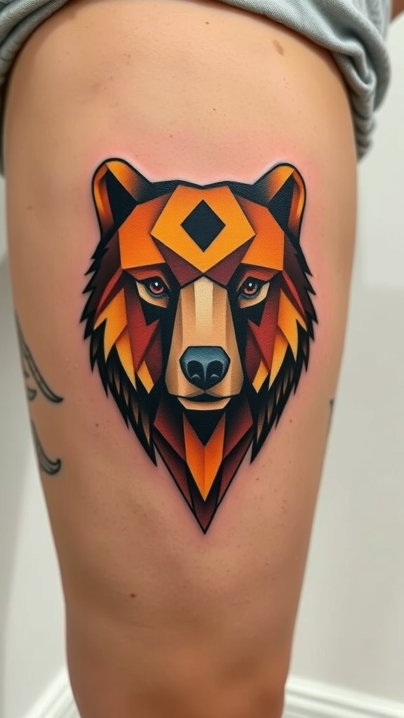 Stylized bear tattoo featuring polygonal shapes and vibrant colors.