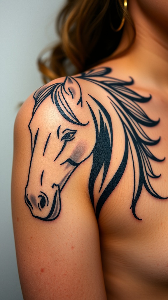 Stylized horse tattoo with angular lines on a person's shoulder