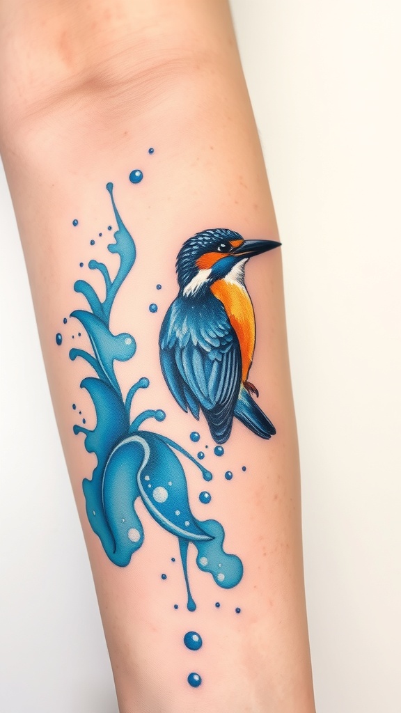 A colorful kingfisher tattoo with blue water splashes on a person's arm.
