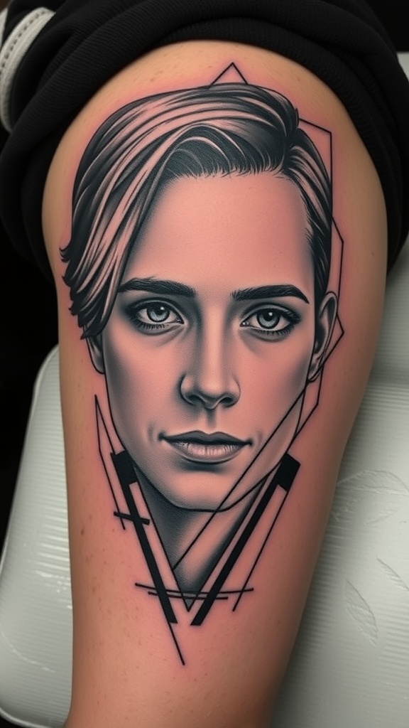 Stylized portrait tattoo featuring geometric patterns