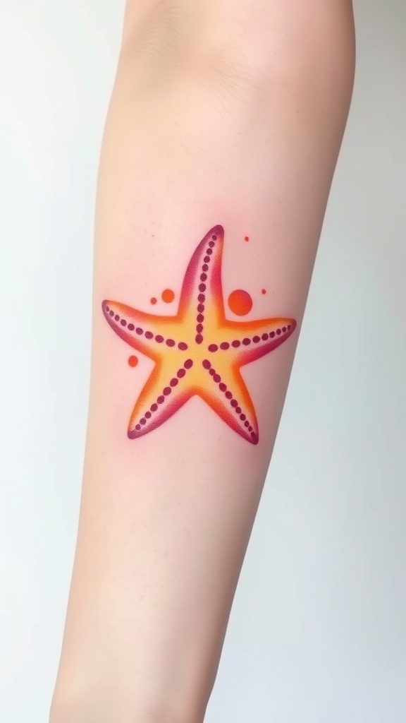 A vibrant stylized starfish tattoo on a person's forearm.