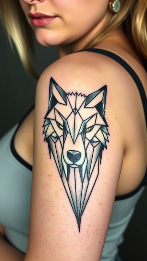 Stylized wolf tattoo in geometric lines on a woman's arm.