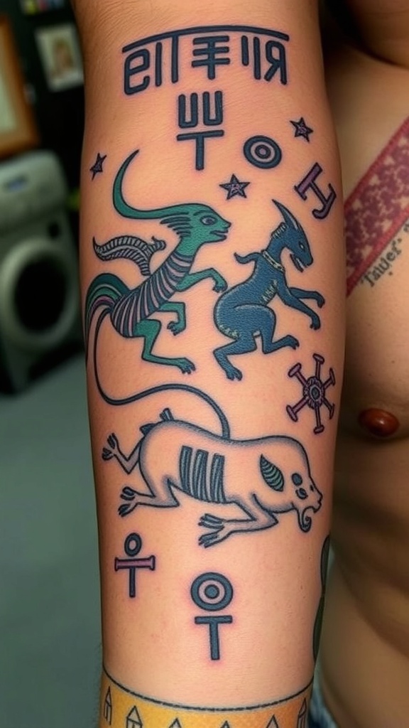 Tattoo featuring Sumerian mythological creatures and symbols.