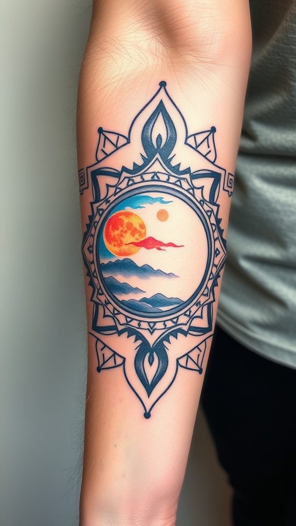 Sun and moon mandala tattoo on forearm.