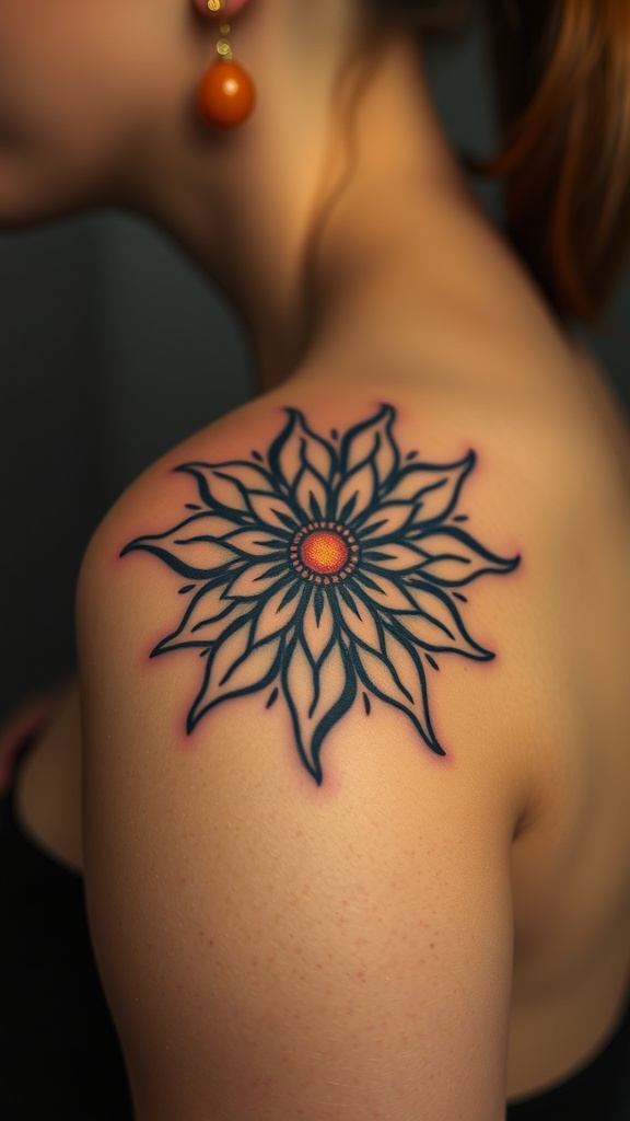 A colorful sunburst flower mandala tattoo on a person's shoulder.