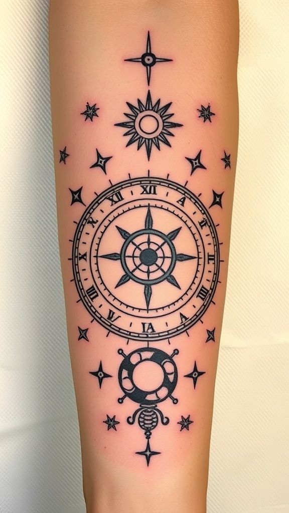 A tattoo of a sundial with celestial elements including stars and a sun.