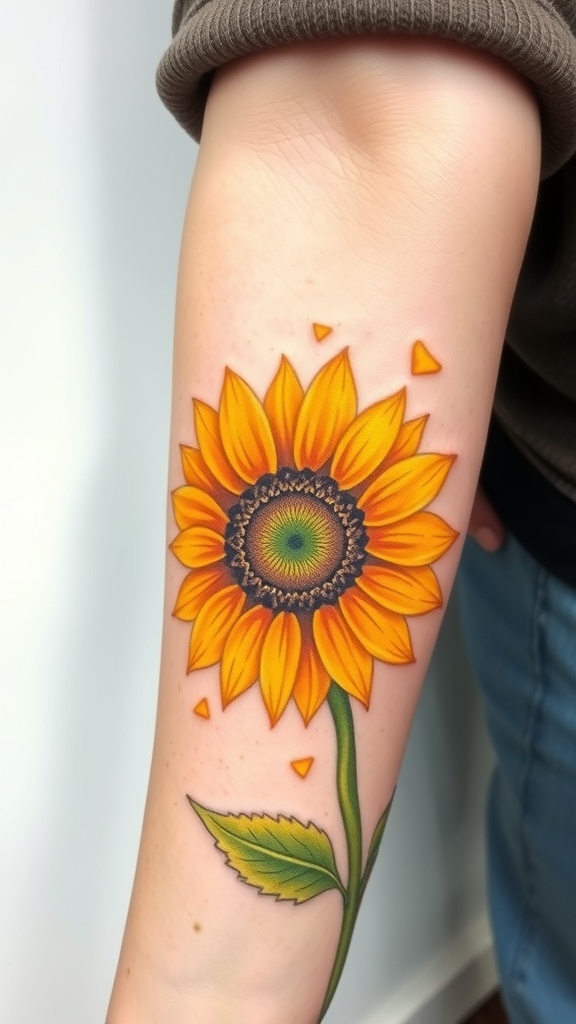 A vibrant sunflower tattoo with yellow petals and green leaves on a person's arm.
