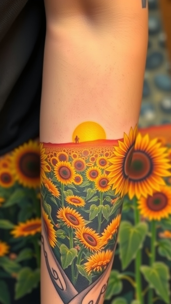 A hyper-realistic tattoo of a sunflower field with a sunset.