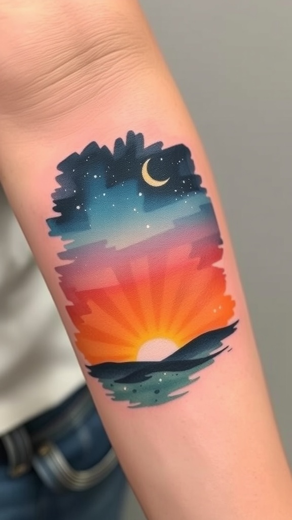 A colorful tattoo depicting a sunset merging with a starry night sky.