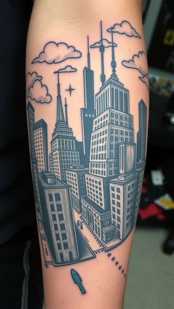 A surreal tattoo featuring a cityscape with tall buildings and clouds.