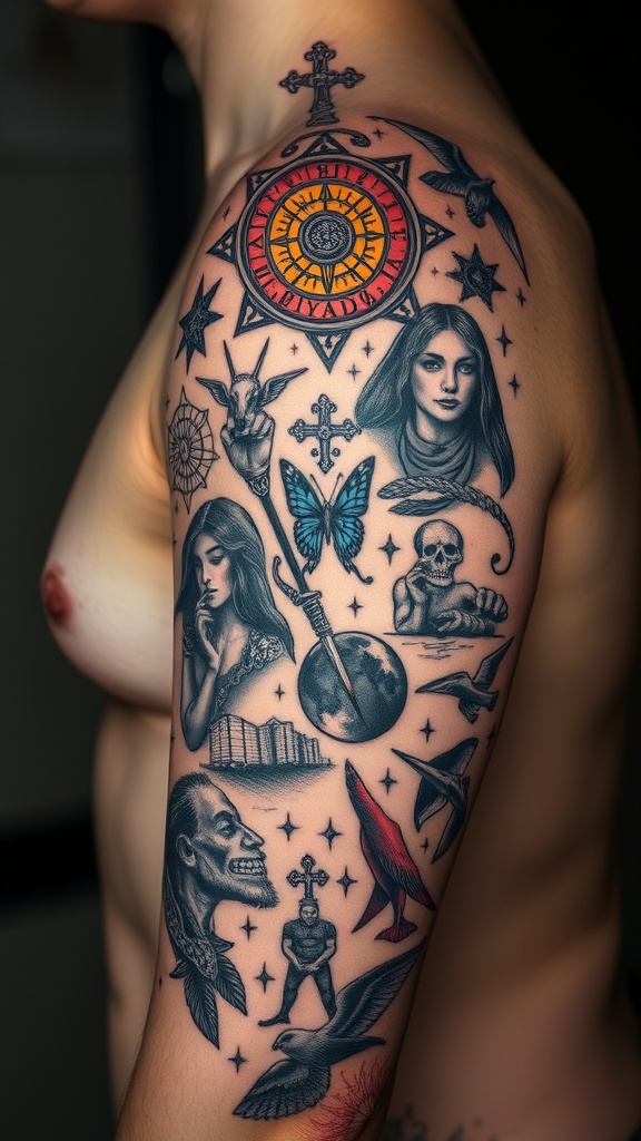 A detailed tattoo sleeve featuring various surrealistic elements, including faces, animals, and symbols.