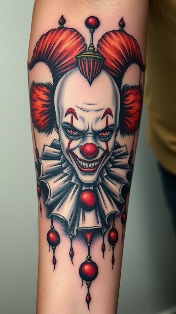 A surrealistic tattoo of a clown with vibrant colors and intricate details.