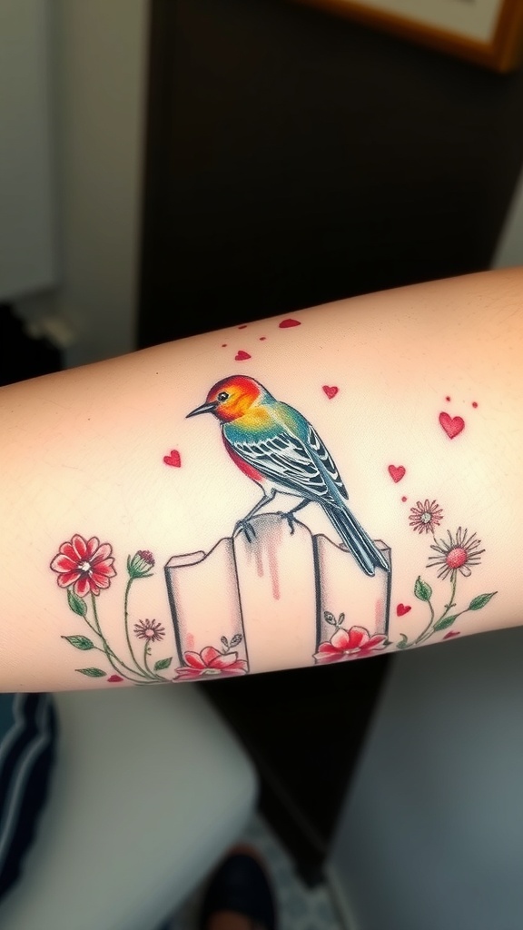 Watercolor tattoo of a nightingale surrounded by flowers and hearts