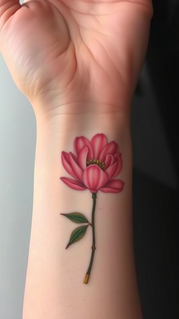 A close-up of a pink peony tattoo on a wrist.