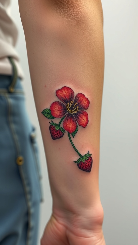 A colorful tattoo of a strawberry blossom with strawberries on an arm.