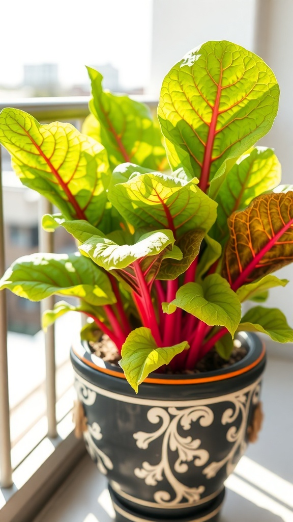 A pot of Swiss chard with bright green leaves and red stems on a balcony.