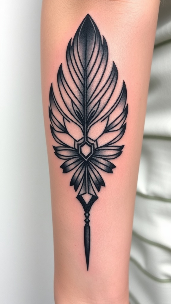 A close-up of a symmetrical feather tattoo on the chest.