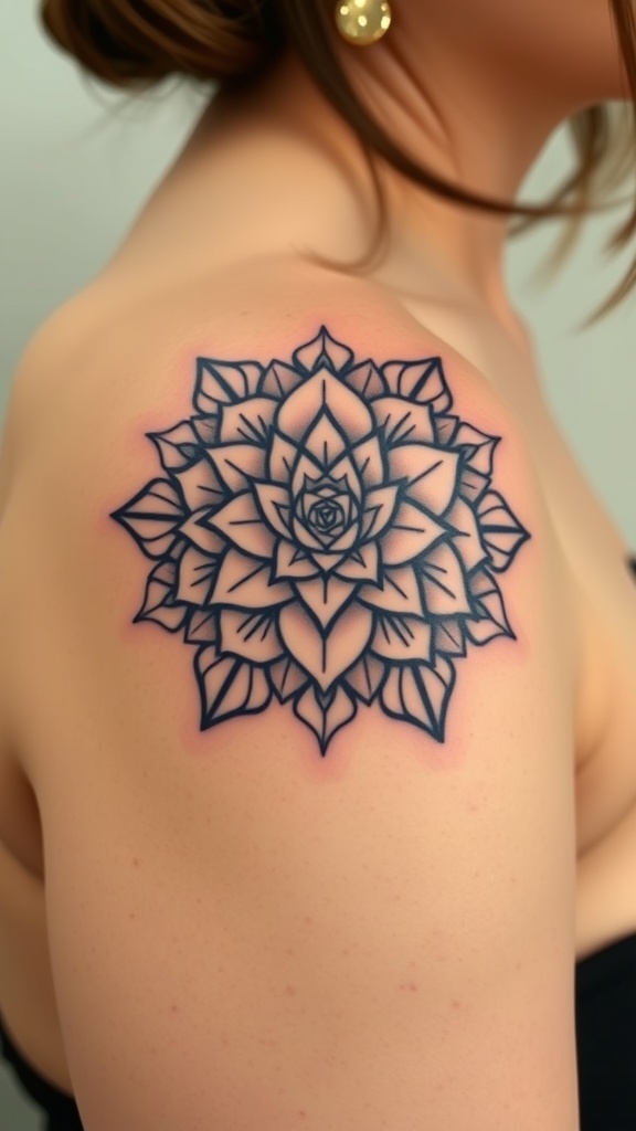 A close-up of a symmetrical rose mandala tattoo on a woman's shoulder.