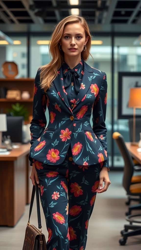 A woman in a floral tailored suit, looking confident in a modern office setting.