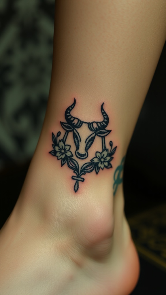 A Taurus floral design tattoo featuring a bull surrounded by flowers on an ankle.