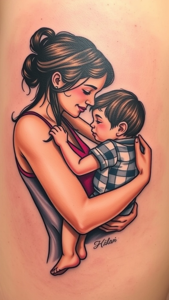 A hyper-realistic tattoo of a mother holding her child, showcasing their tender expressions and close embrace.