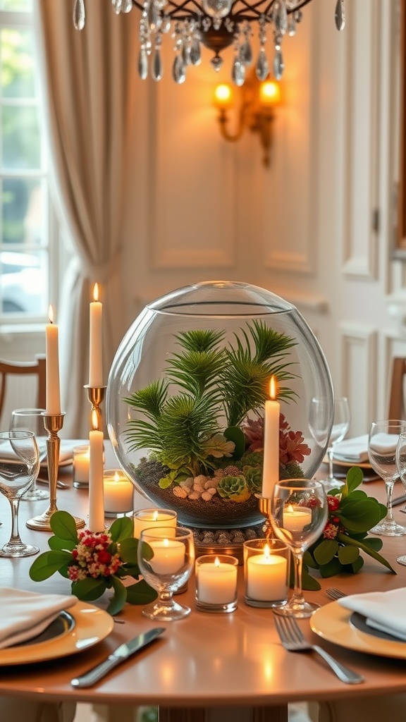 A beautifully arranged dining table featuring a terrarium centerpiece surrounded by candles and elegant tableware.