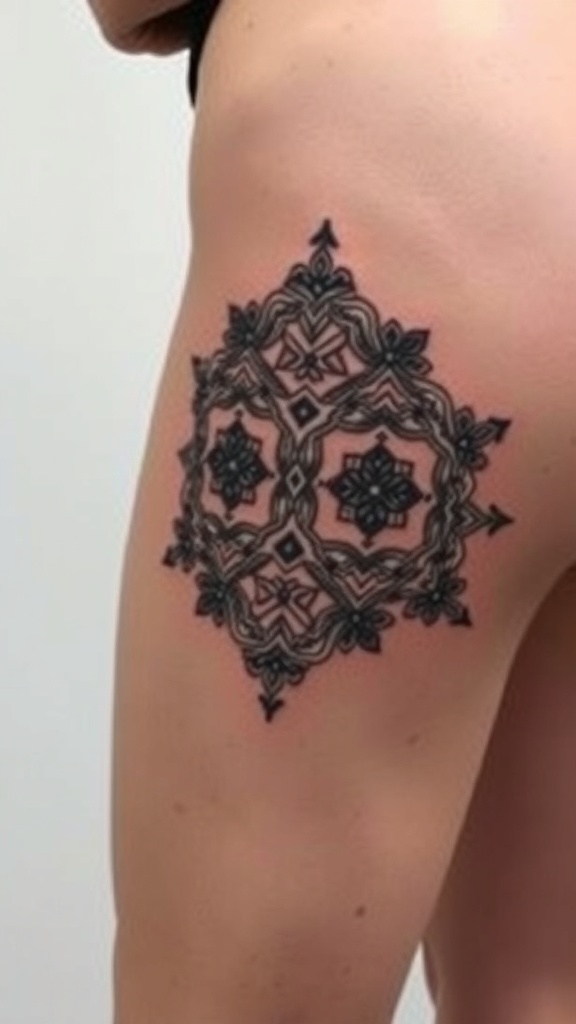 Tessellated geometric tattoo on thigh