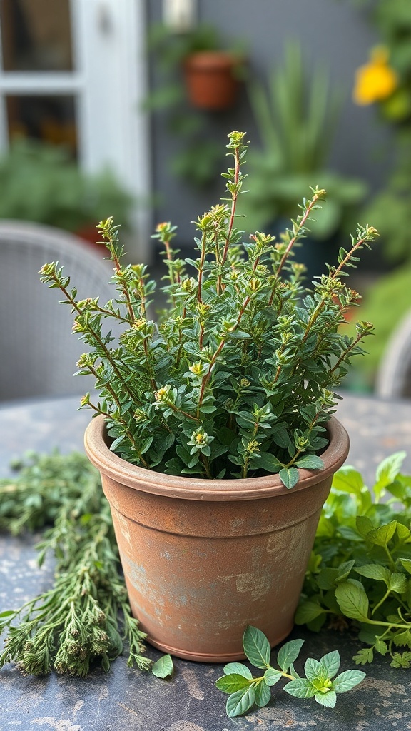 A potted thyme plant with green leaves and small white flowers, surrounded by other herbs.