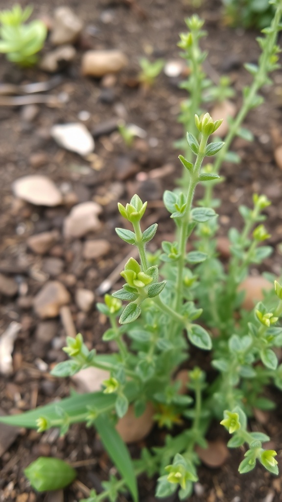 Close-up of fresh thyme plants growing in soil.