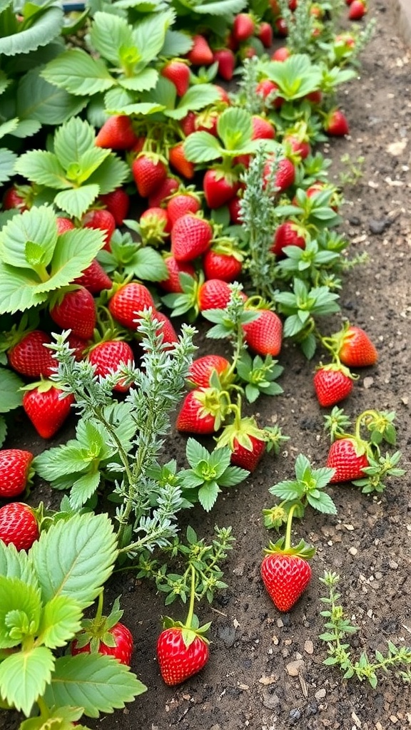 Thyme growing alongside ripe strawberries in a garden.