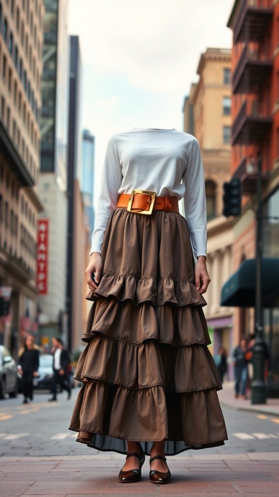 A person wearing a tiered midi skirt with a statement belt, standing on a city street.
