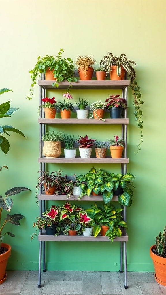 A tiered vertical planter shelf with various potted plants against a colorful wall.