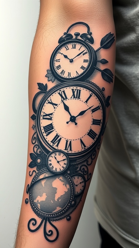 A tattoo featuring multiple clocks and a globe, symbolizing time travel.