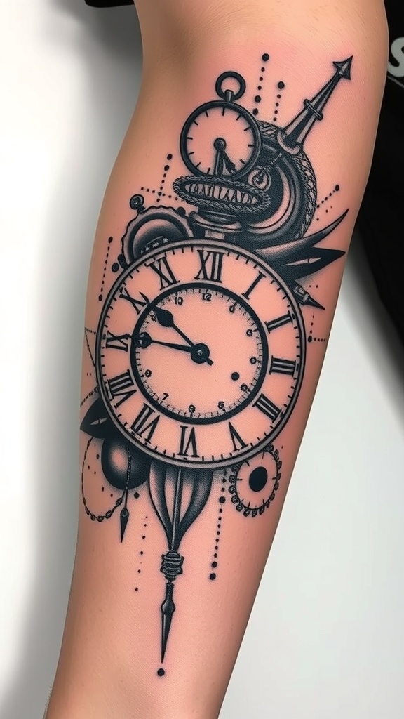 Tattoo of a clock with abstract art elements on an arm.
