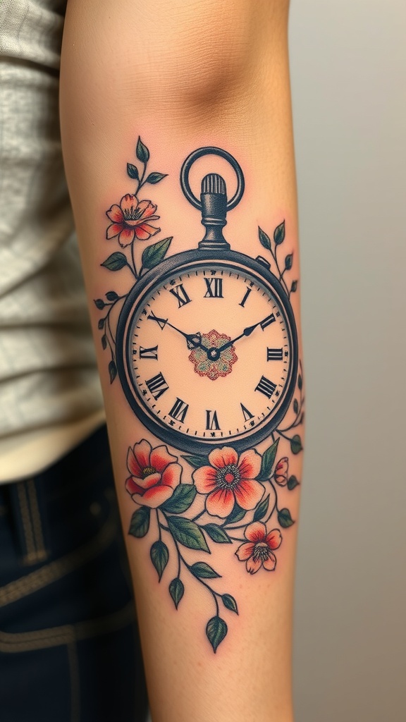 Tattoo of a pocket watch surrounded by floral accents.