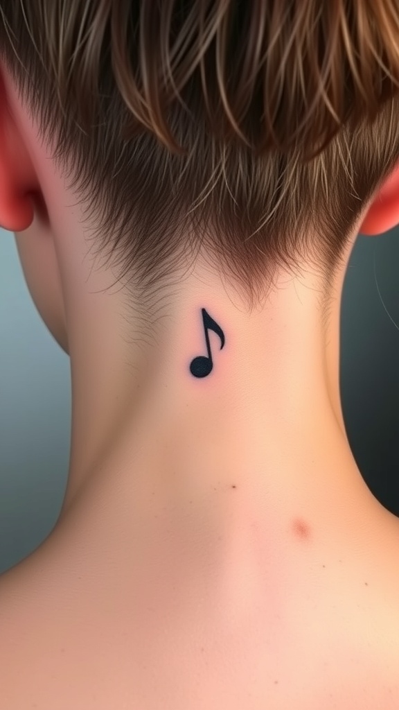 Tiny music note tattoo on the nape of a person's neck.