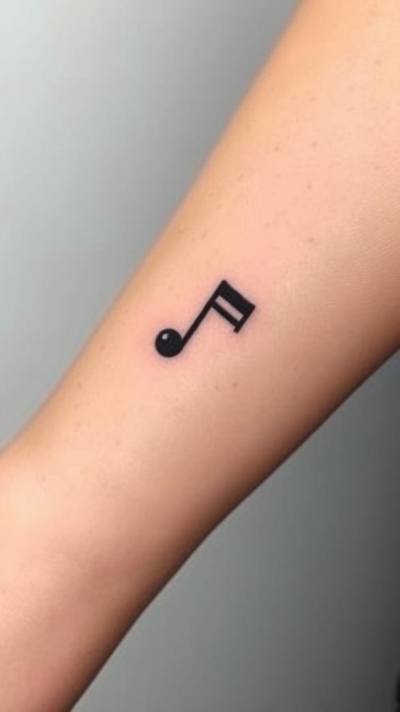 A small black music note tattoo on the side of a hand.